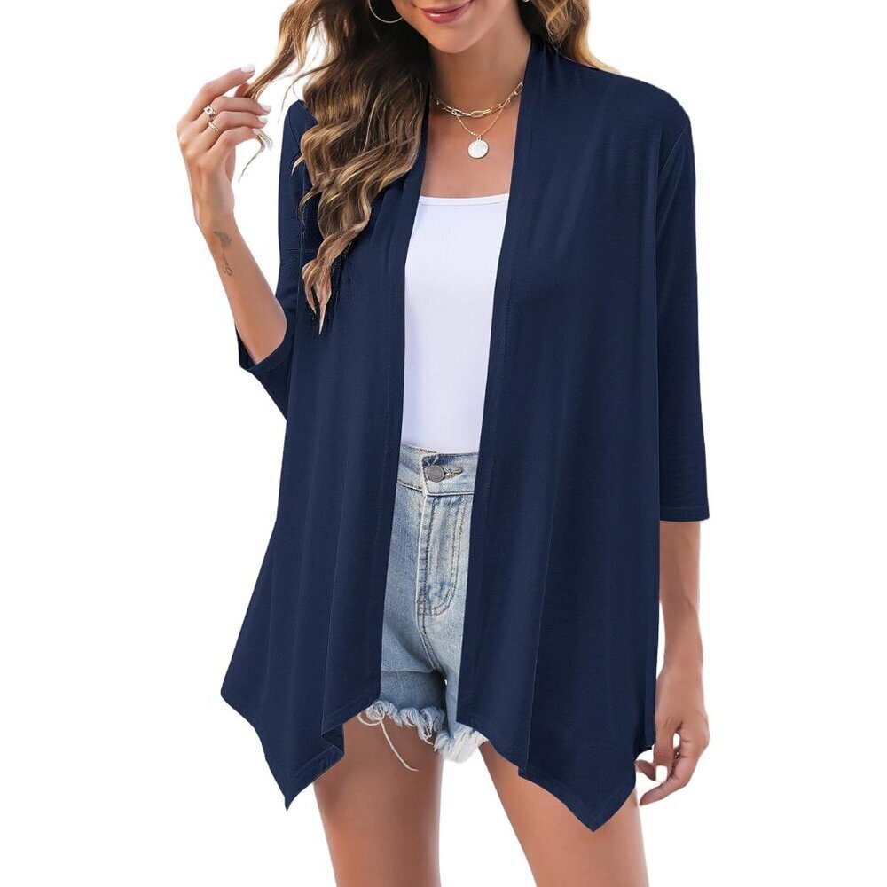 Women's Lightweight 3/4 Sleeve Draped Open Front Kimono Cardigan Casual